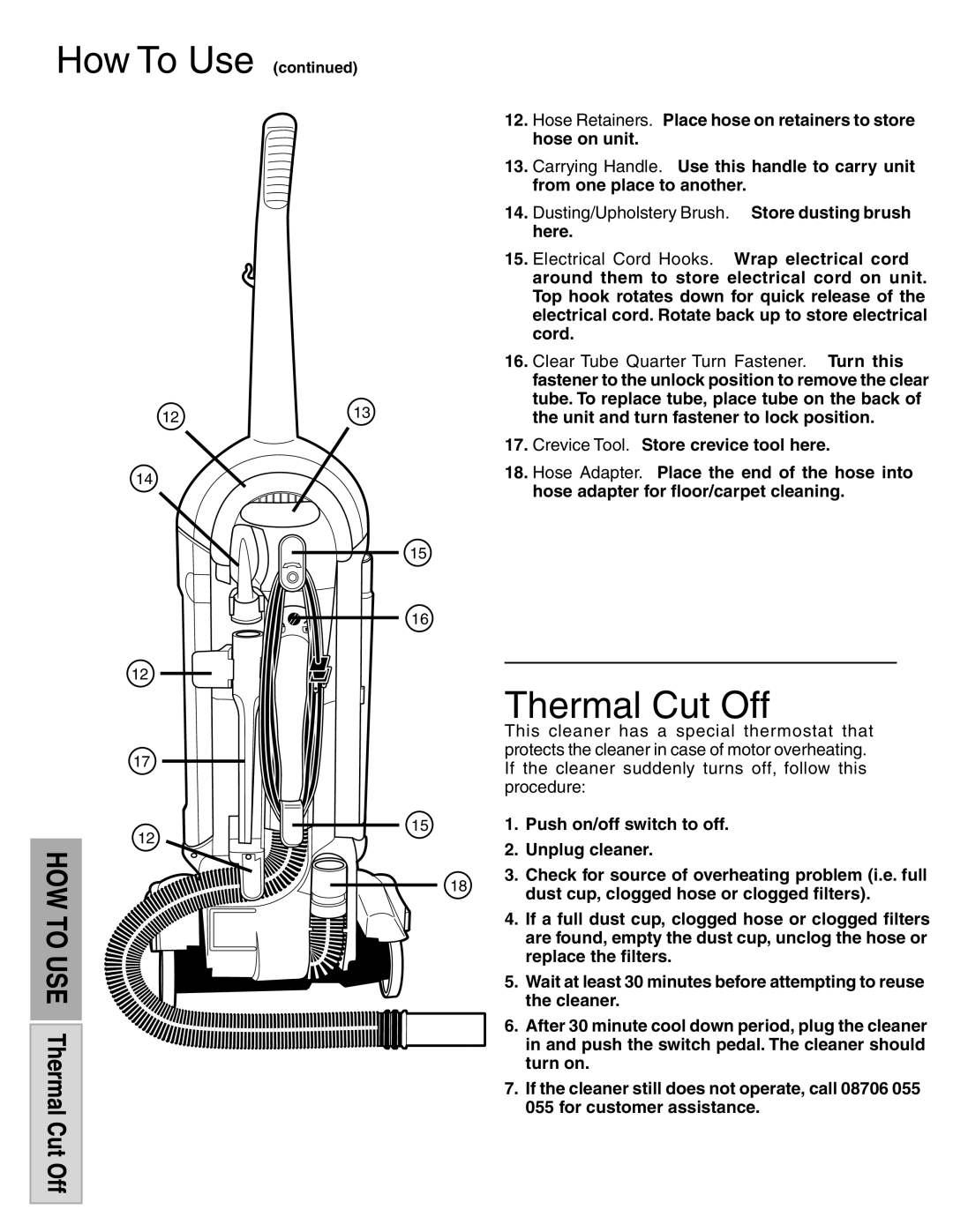 Electrolux Z5500 Series manual Thermal Cut Off, Electrical Cord Hooks. Wrap electrical cord 