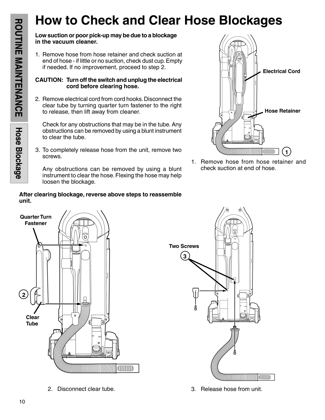 Electrolux Z5600 Series manual How to Check and Clear Hose Blockages 