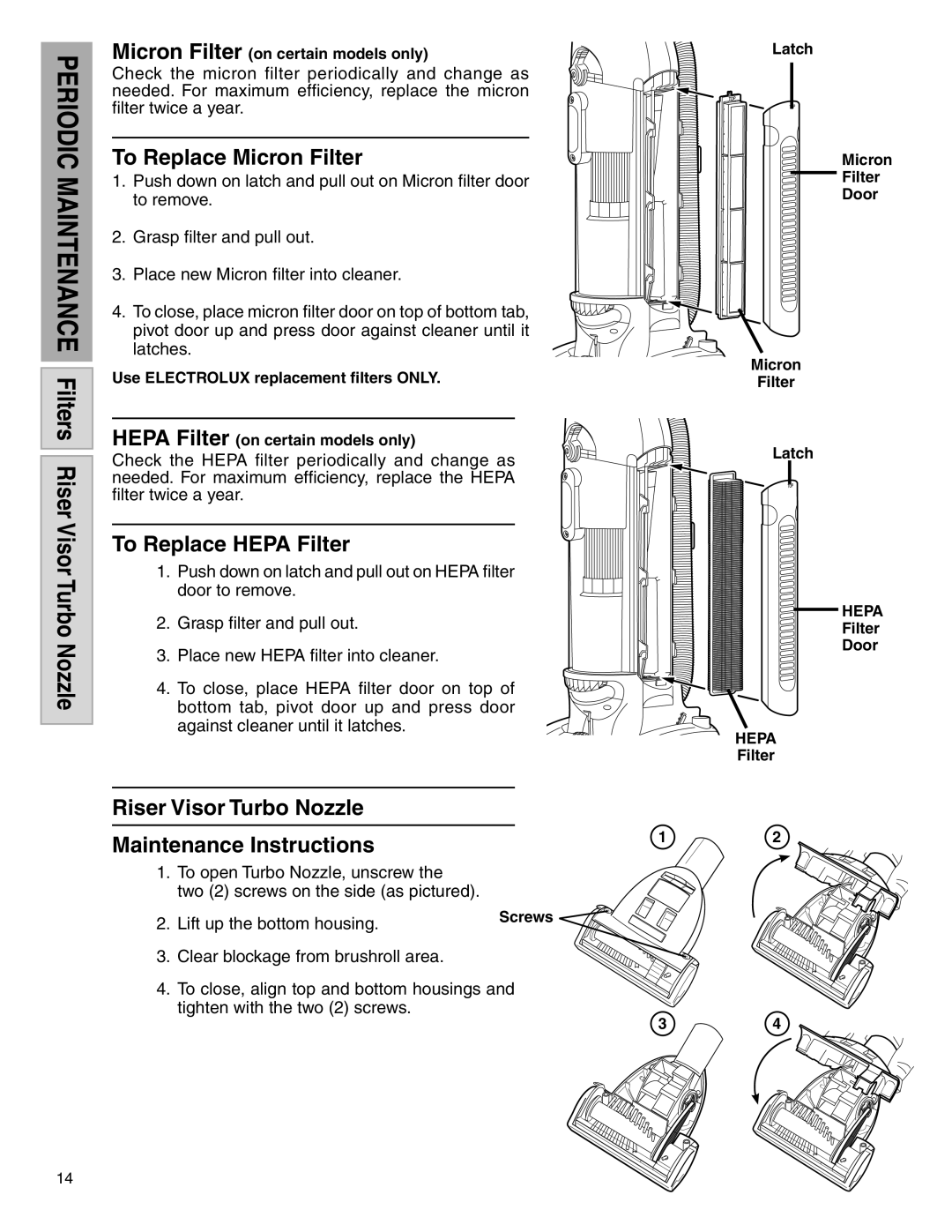 Electrolux Z5600 Series manual To Replace Micron Filter, To Replace Hepa Filter 