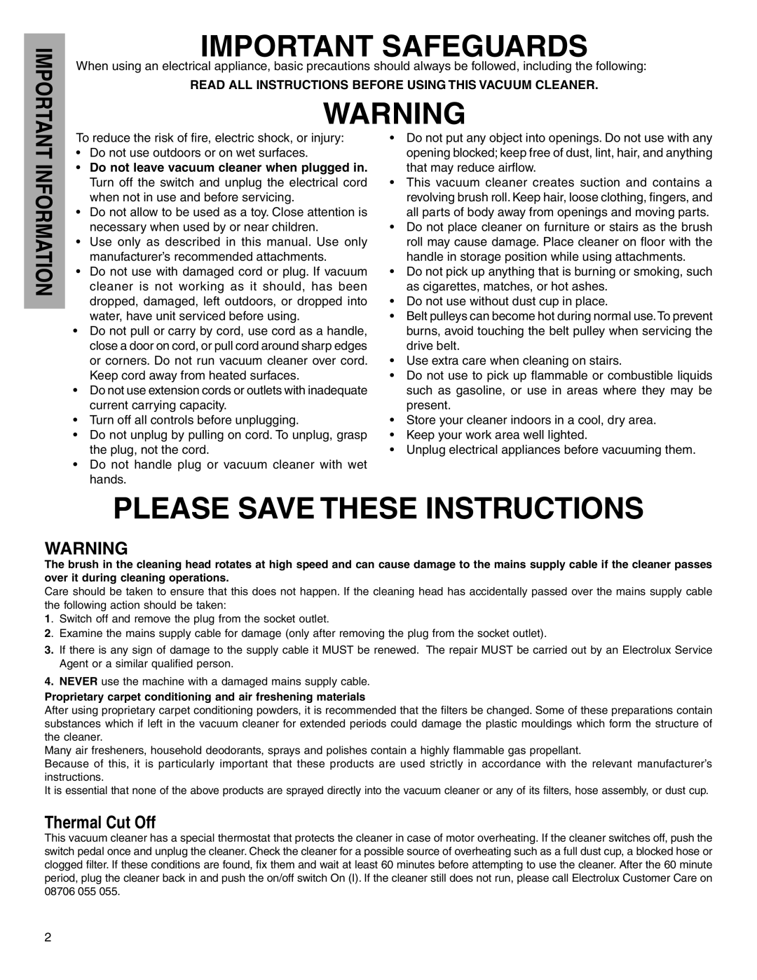 Electrolux Z5600 Series manual Important Safeguards, Thermal Cut Off 