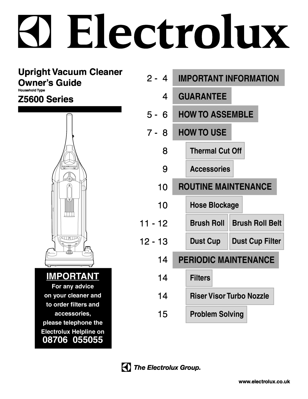 Electrolux Z5600 Series manual Upright Vacuum Cleaner Owner’s Guide, 7 - 8 HOW TO USE, Routine Maintenance, Hose Blockage 