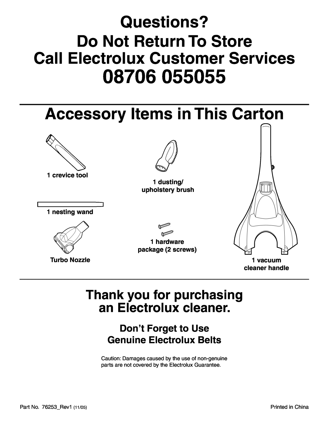 Electrolux Z5600 Series Questions? Do Not Return To Store Call Electrolux Customer Services, Turbo Nozzle, vacuum, 08706 
