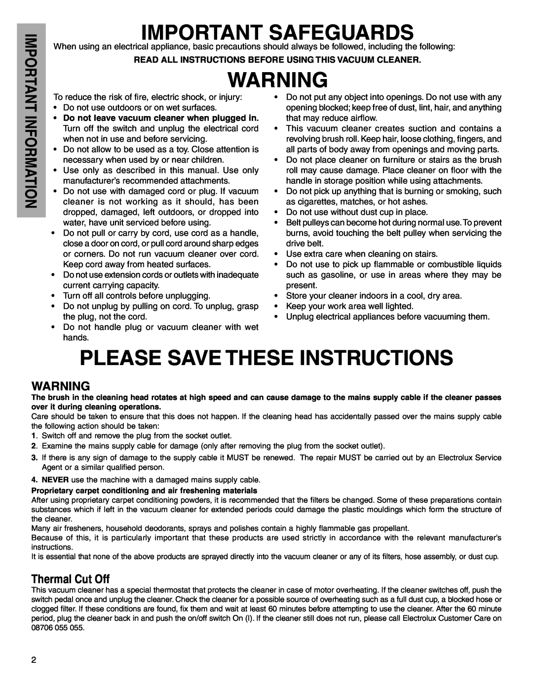 Electrolux Z5600 Series manual Important Safeguards, Please Save These Instructions, Thermal Cut Off 