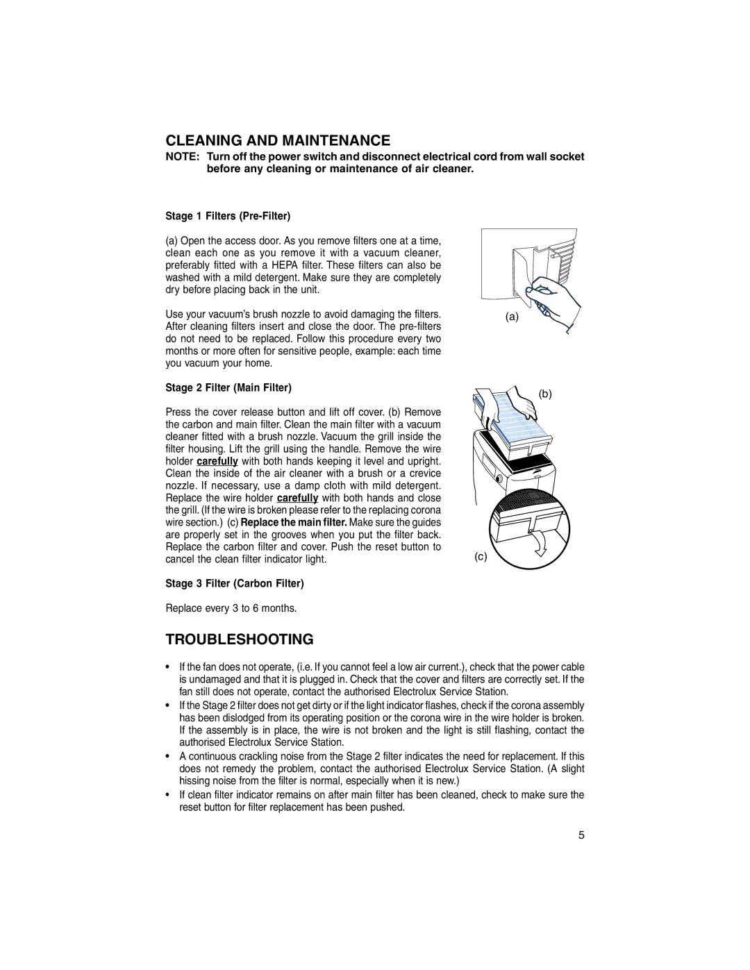 Electrolux Z7040 operating instructions Cleaning and Maintenance, Troubleshooting 