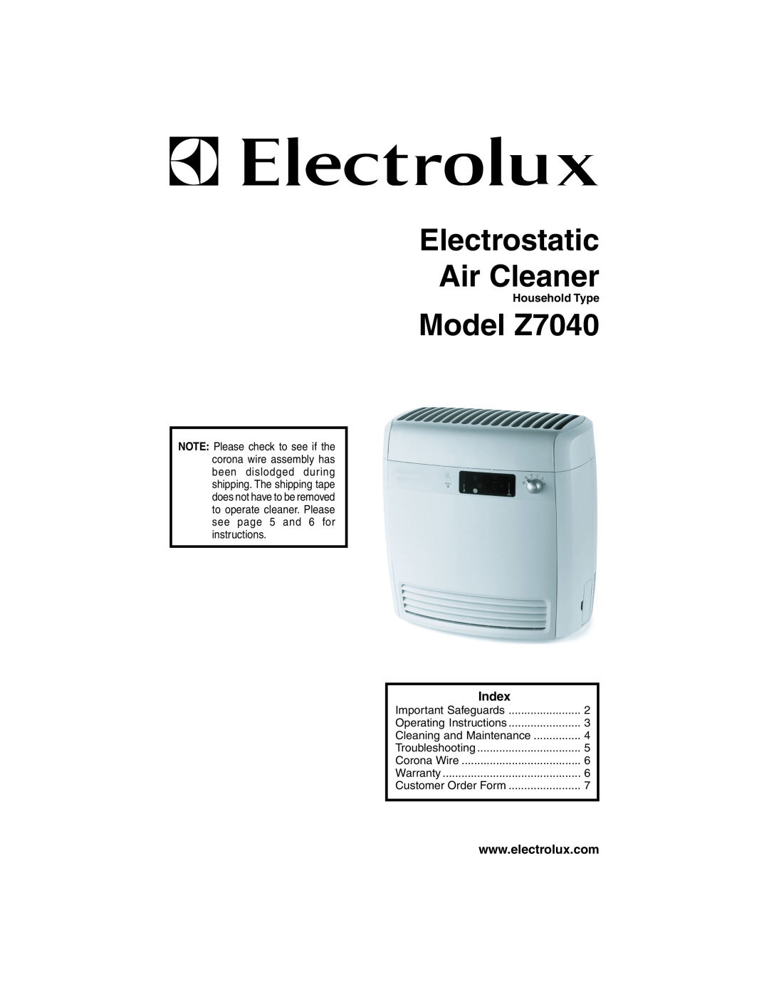 Electrolux operating instructions Index, Electrostatic Air Cleaner, Model Z7040 