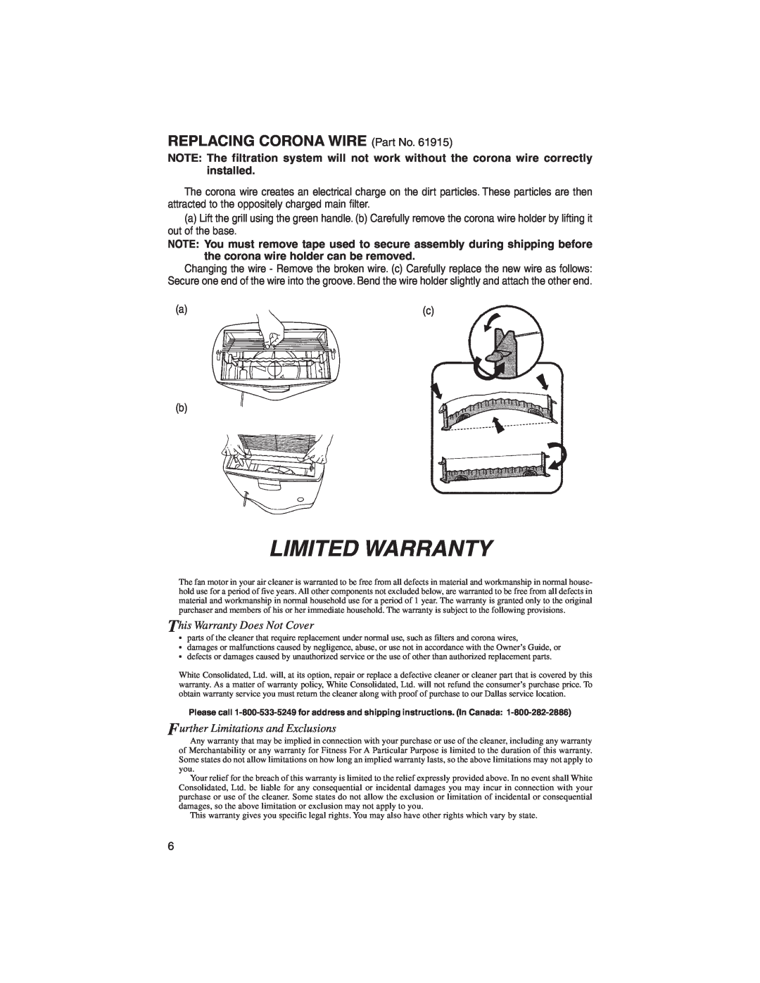 Electrolux Z7040 operating instructions REPLACING CORONA WIRE Part No, Limited Warranty, This Warranty Does Not Cover 