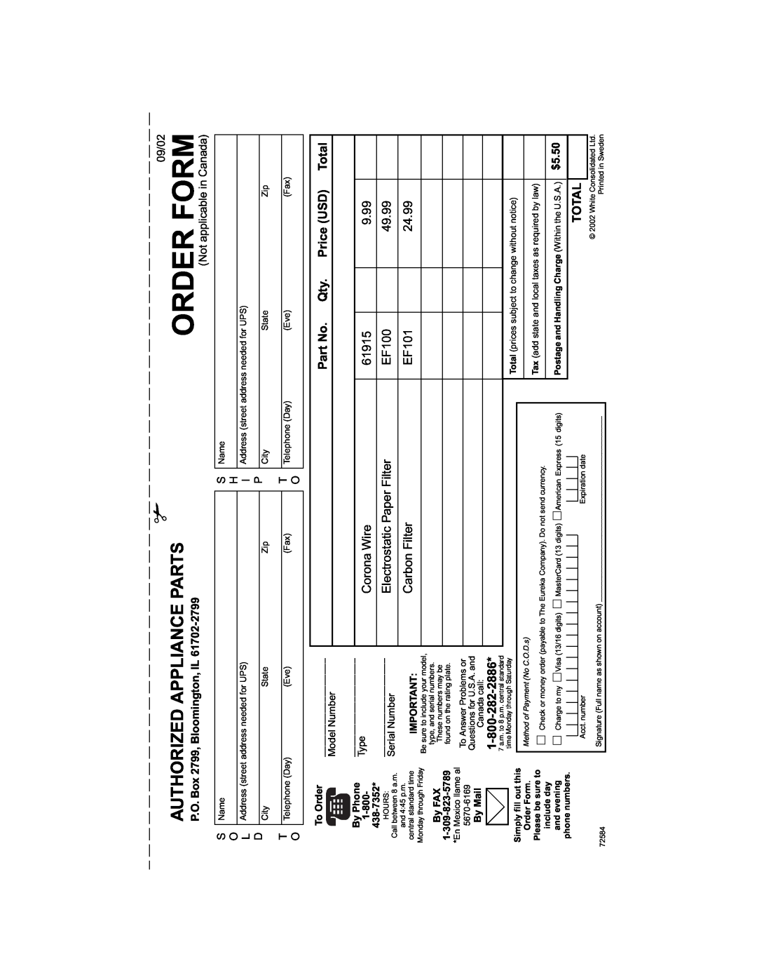 Electrolux Z7040 Order Form, Authorized Appliance Parts, Corona Wire, 61915, 9.99, Electrostatic Paper Filter, EF100, Type 