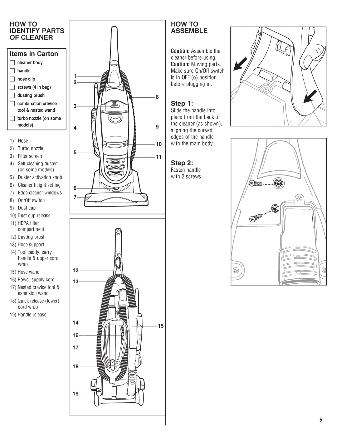 Electrolux Z8800 Series manual HOW to Identify Parts of Cleaner, Items in Carton, HOW to Assemble, Step 