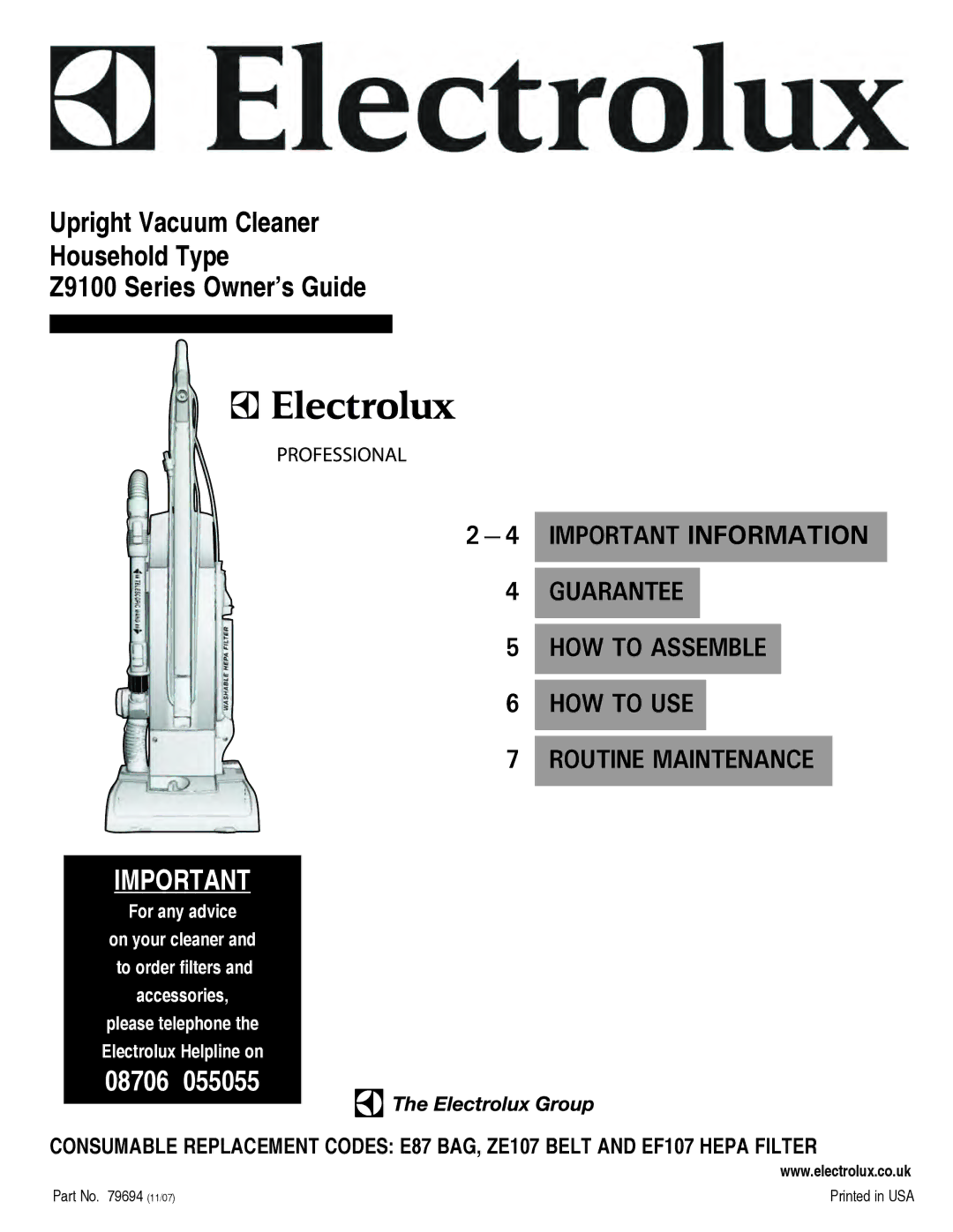 Electrolux Z9120 manual Important Information, Part No 11/07 