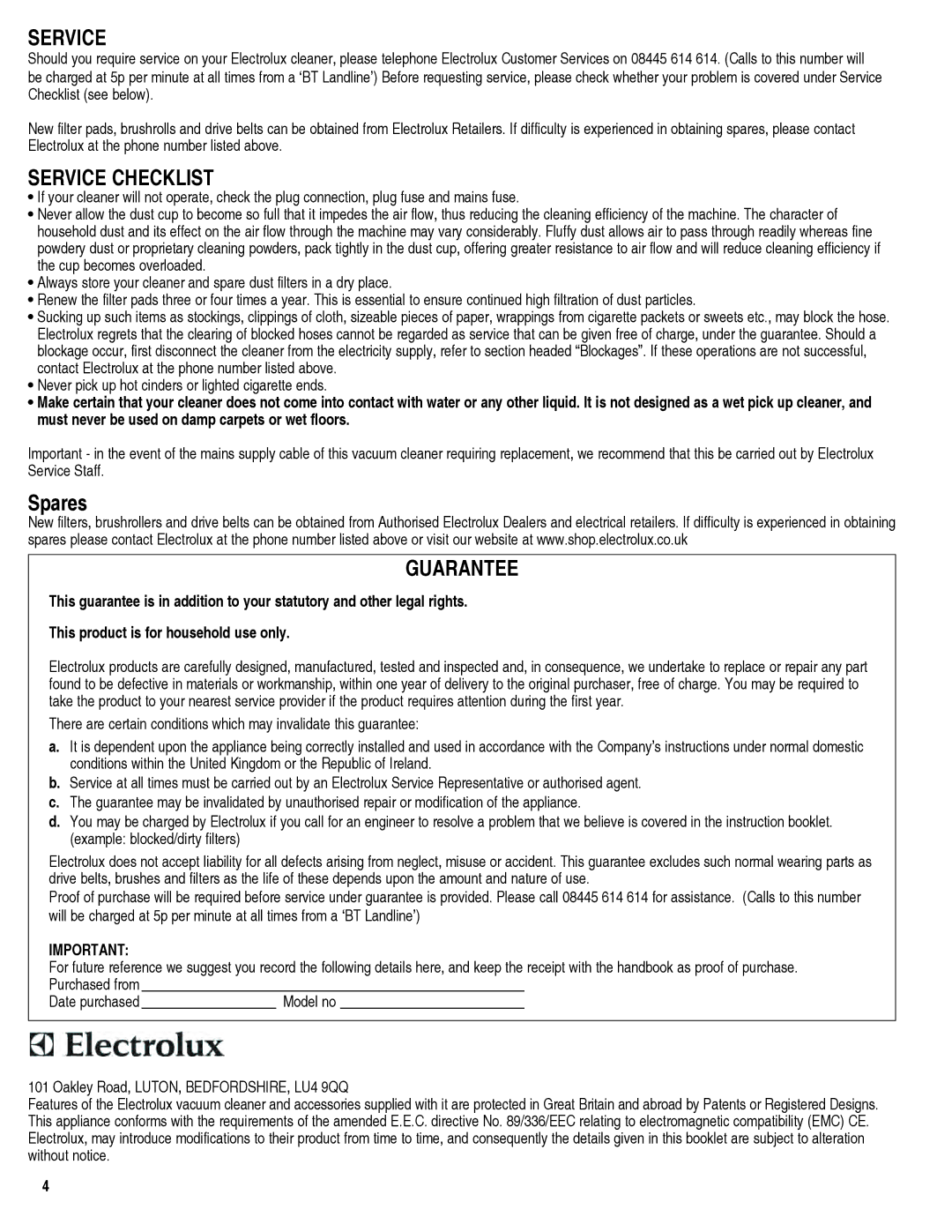 Electrolux Z9120 manual Service Checklist, Guarantee 