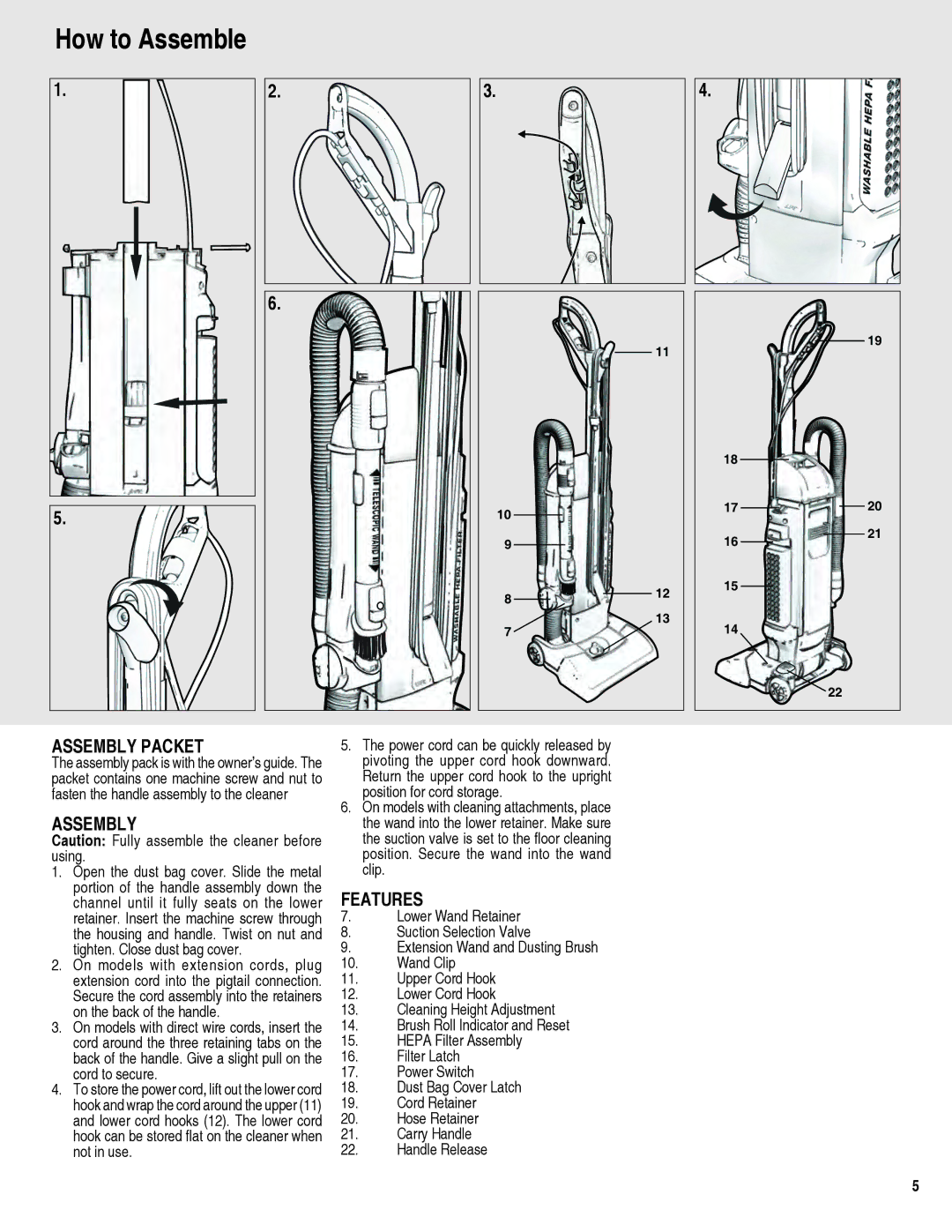 Electrolux Z9120 manual How to Assemble, Assembly Packet, Features 