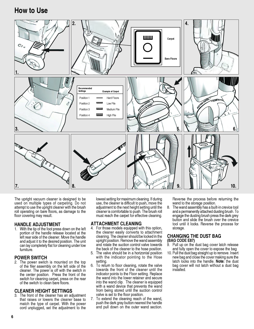 Electrolux Z9120 manual How to Use, Handle Adjustment, Power Switch, Cleaner Height Settings 