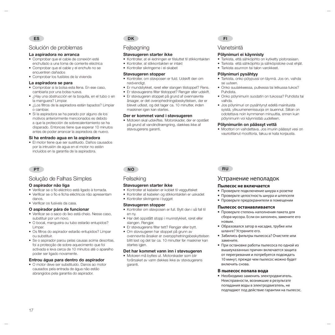 Electrolux Z951 user manual Solución de problemas, Fejlsøgning, Vianetsintä, Solução de Falhas Simples, Feilsøking 