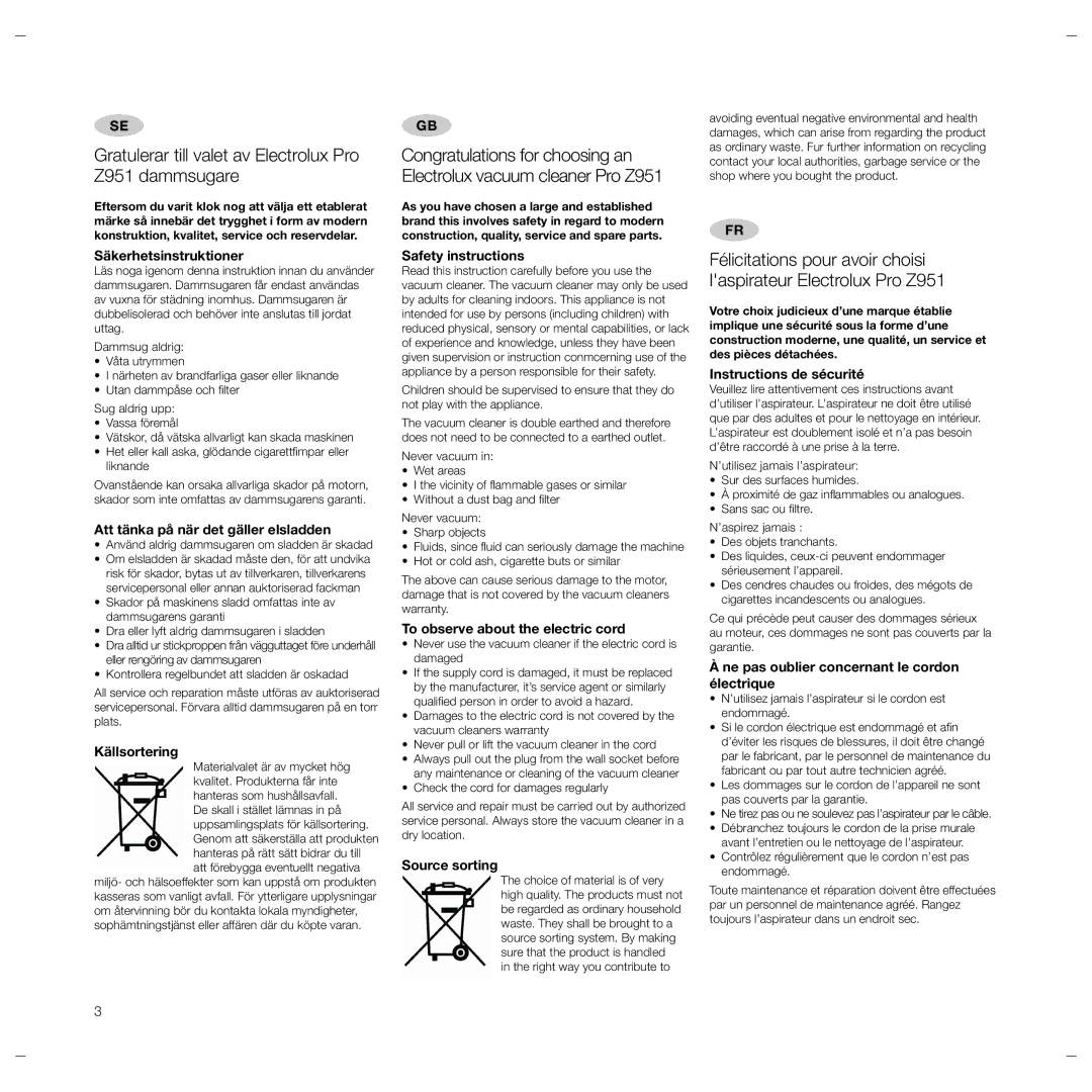 Electrolux user manual Gratulerar till valet av Electrolux Pro Z951 dammsugare 