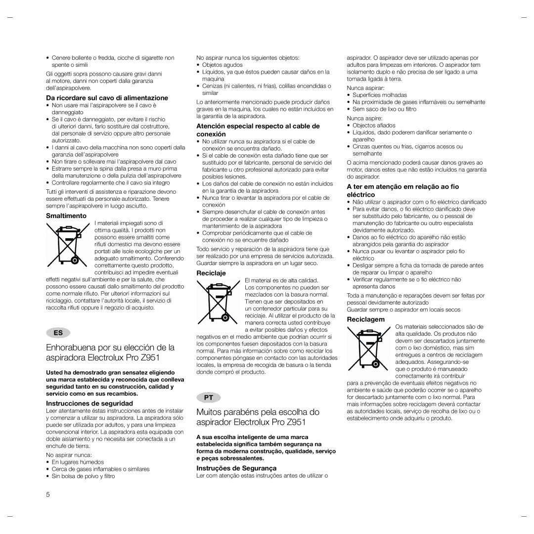 Electrolux Z951 Da ricordare sul cavo di alimentazione, Smaltimento, Instrucciones de seguridad, Reciclaje, Reciclagem 