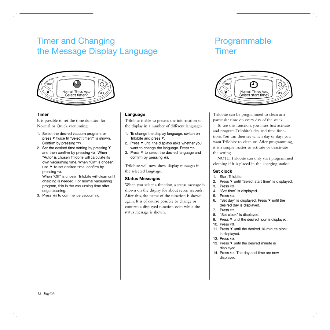 Electrolux ZA2 manual Timer and Changing Programmable Message Display Language, Status Messages, Set clock 