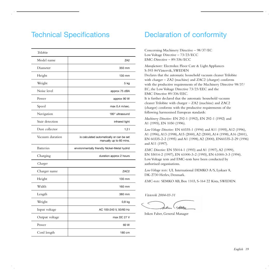 Electrolux ZA2 manual Technical Specifications Declaration of conformity, Trilobite 