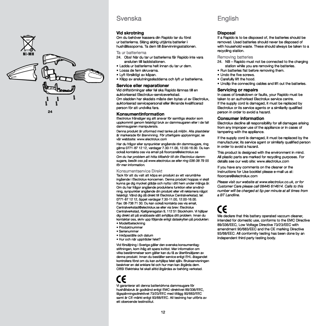 Electrolux ZB403-2-rev4 manual SvenskaEnglish, Vid skrotning, Service eller reparationer, Konsumentinformation, Disposal 