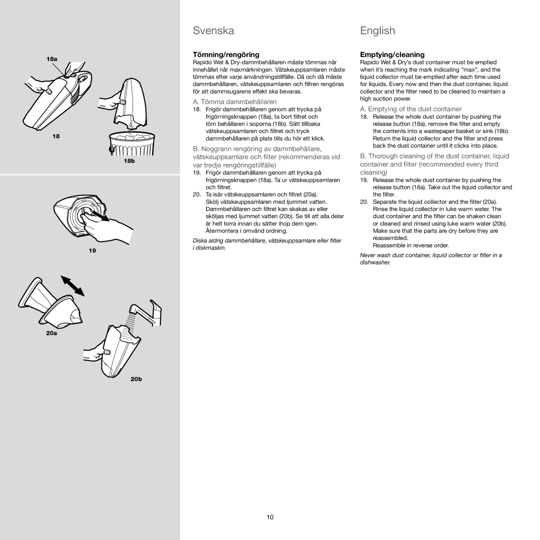 Electrolux ZB404WD manual Tömning/rengöring, Emptying/cleaning, Tömma dammbehållaren, Emptying of the dust container 