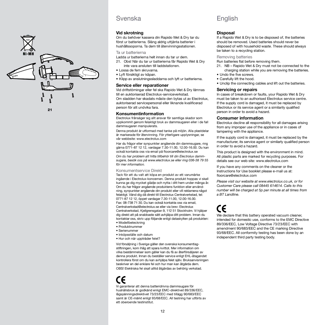 Electrolux ZB404WD manual Vid skrotning, Service eller reparationer, Konsumentinformation, Disposal, Servicing or repairs 