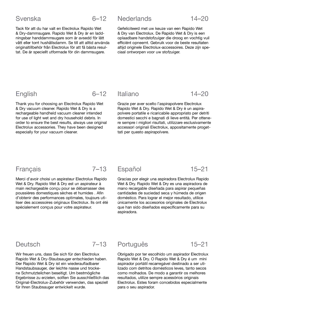 Electrolux ZB404WD manual Svenska6-12, English6-12, Nederlands14-20, Italiano14-20, Français7-13, Español15-21, Deutsch7-13 