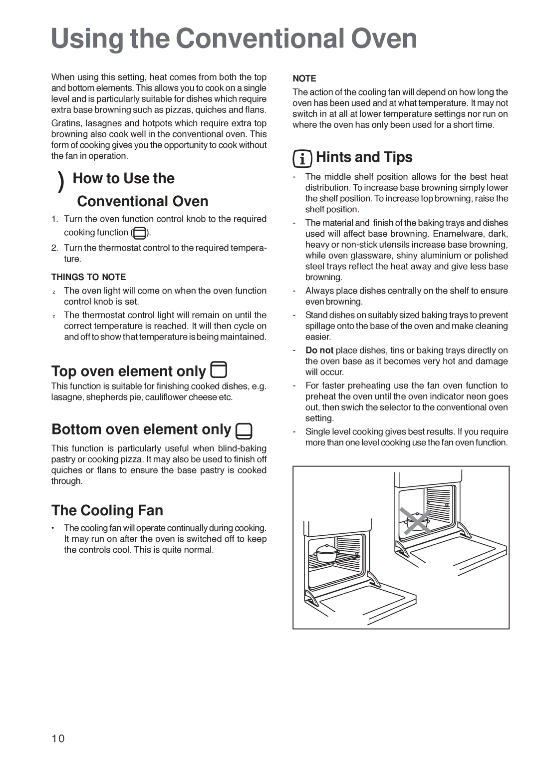 Electrolux ZBQ 865 Using the Conventional Oven, How to Use the Conventional Oven, Top oven element only, Hints and Tips 