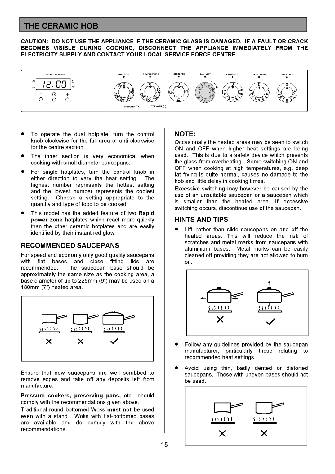 Electrolux ZCE 7551X manual Ceramic HOB, Recommended Saucepans, Hints and Tips 