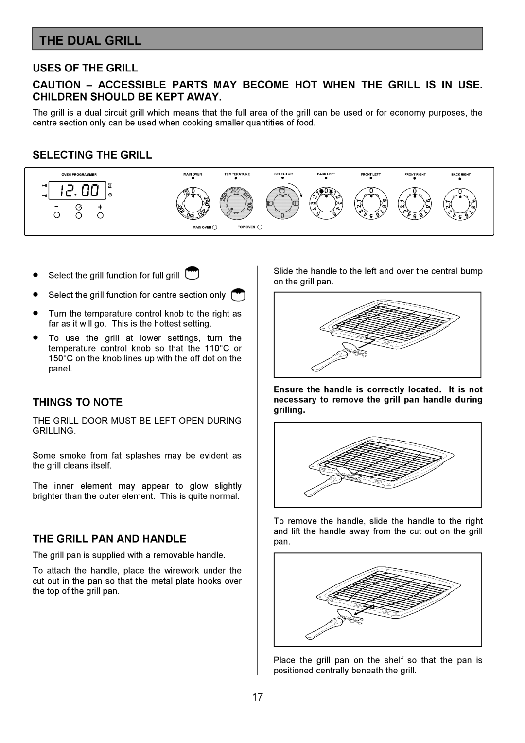 Electrolux ZCE 7551X manual Dual Grill, Uses of the Grill, Selecting the Grill, Grill PAN and Handle 