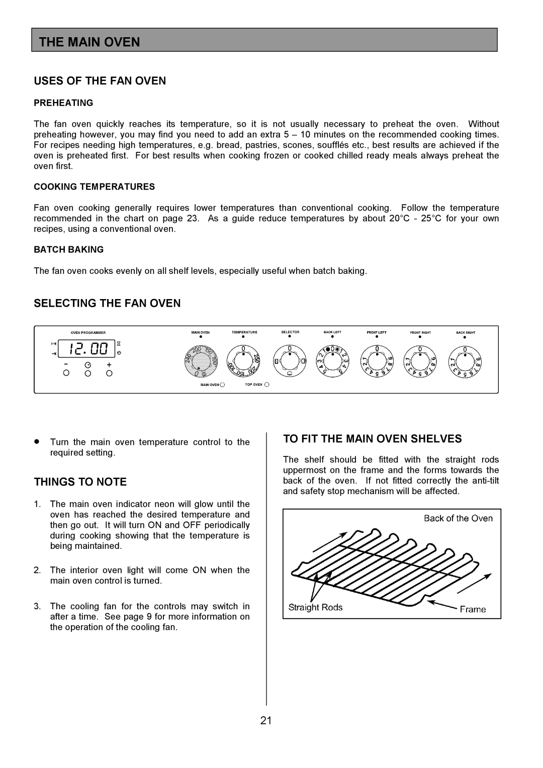 Electrolux ZCE 7551X manual Uses of the FAN Oven, Selecting the FAN Oven, To FIT the Main Oven Shelves 