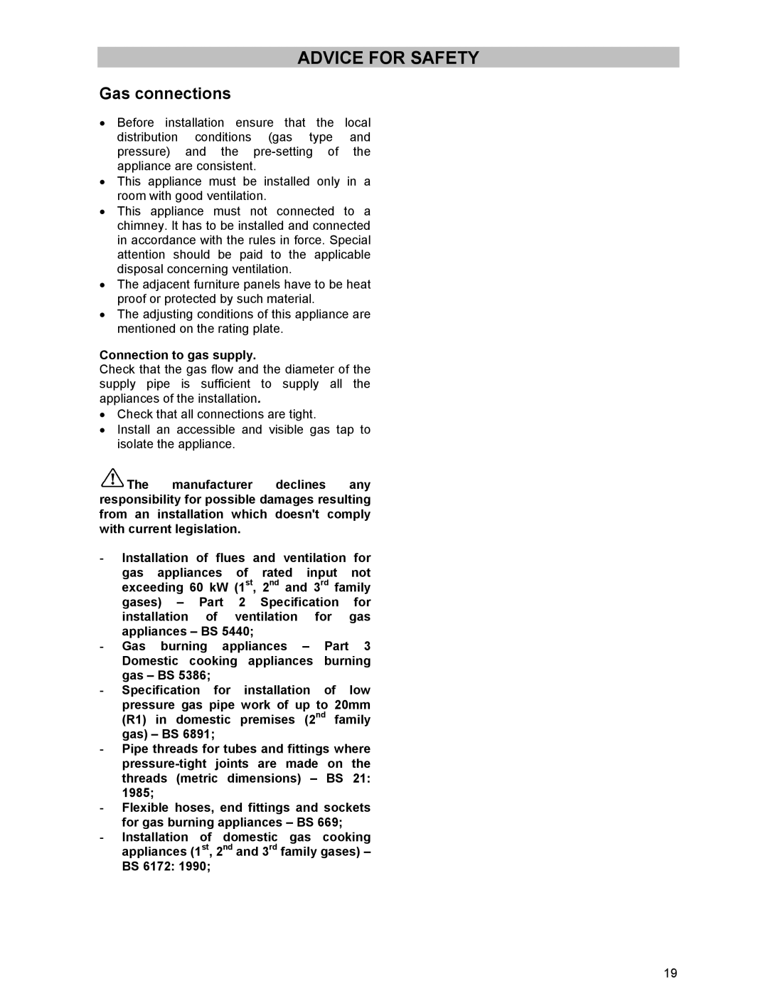 Electrolux ZCG 531 manual Advice for Safety, Gas connections, Connection to gas supply 