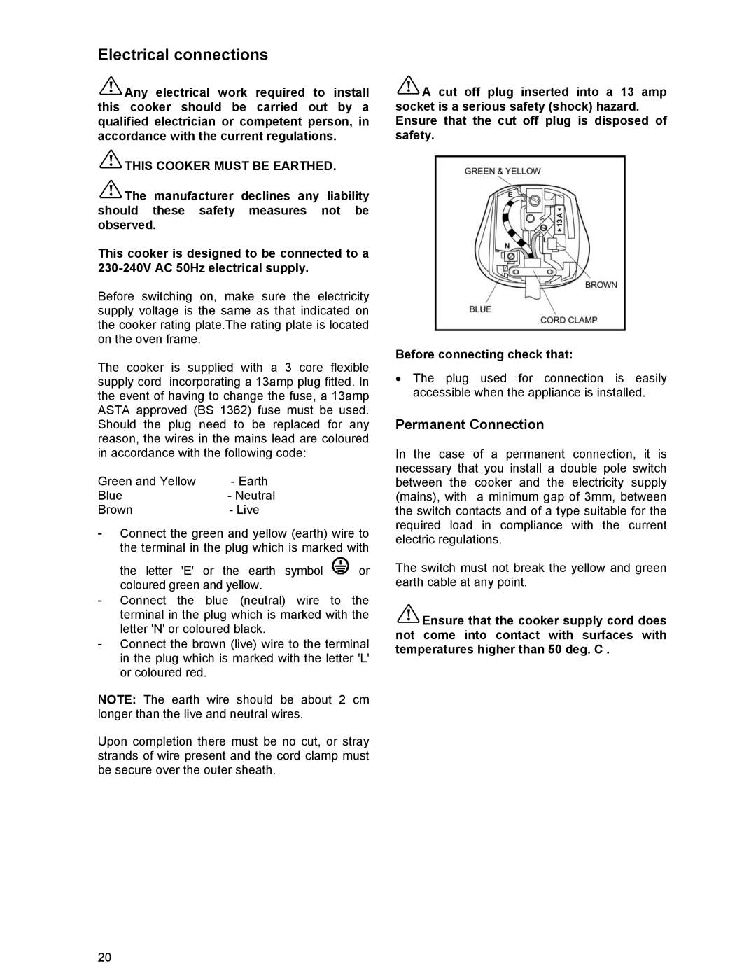 Electrolux ZCG 531 manual Electrical connections, Permanent Connection 