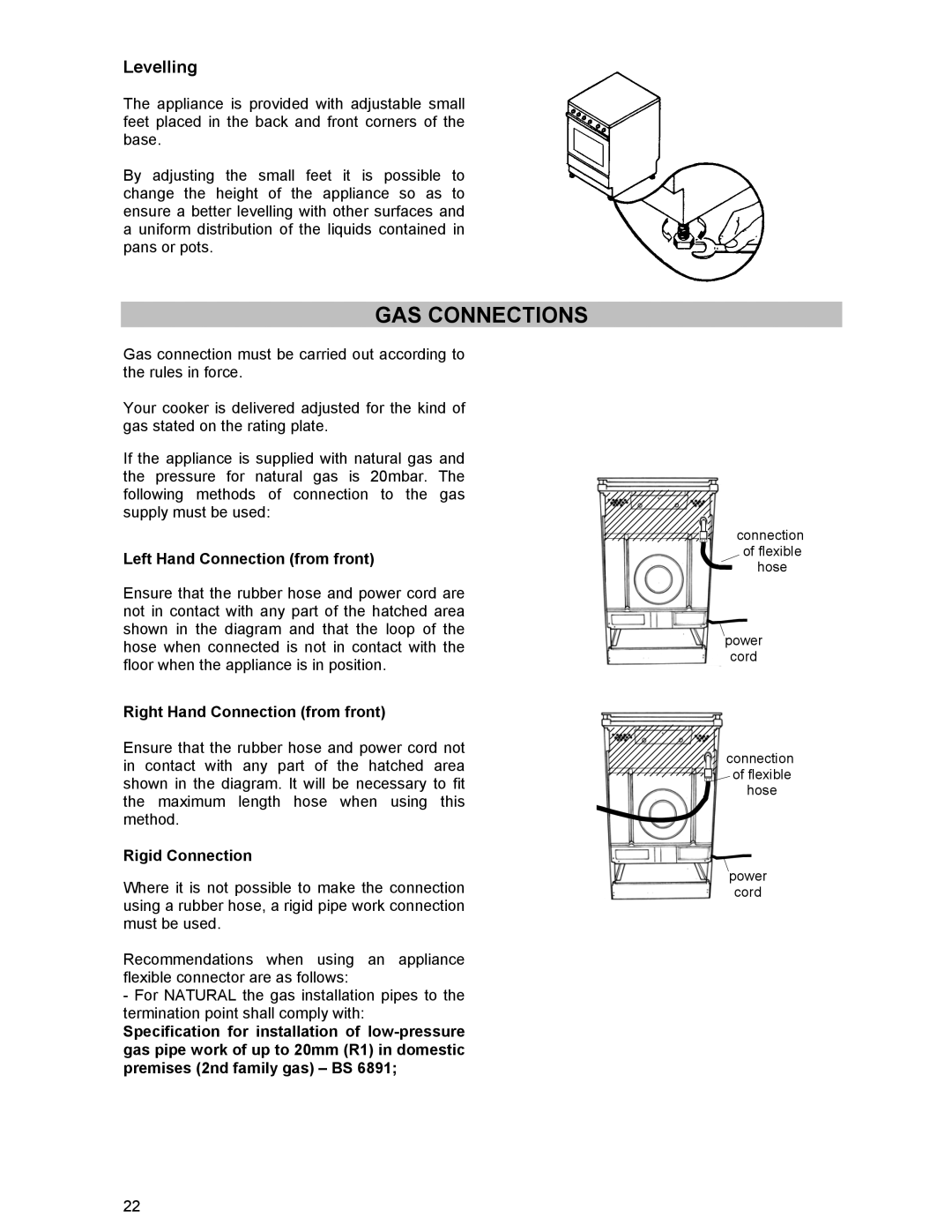 Electrolux ZCG 531 manual GAS Connections, Levelling, Left Hand Connection from front, Right Hand Connection from front 