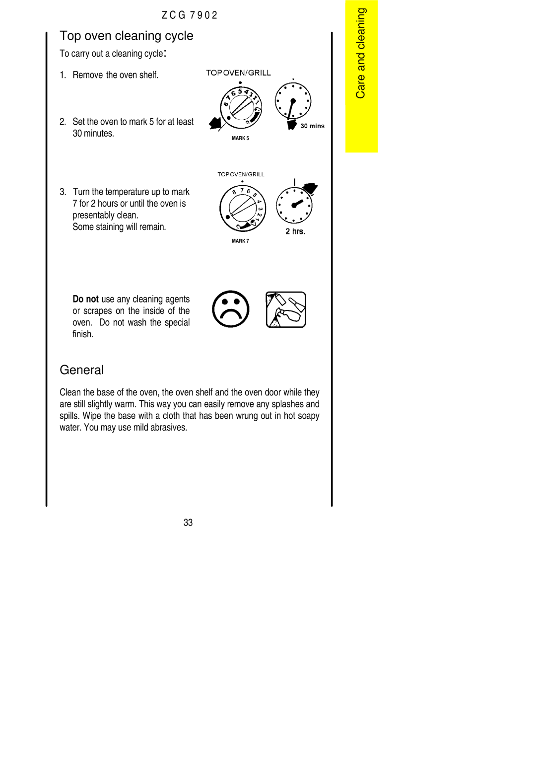 Electrolux ZCG 7902 manual Top oven cleaning cycle, Some staining will remain 