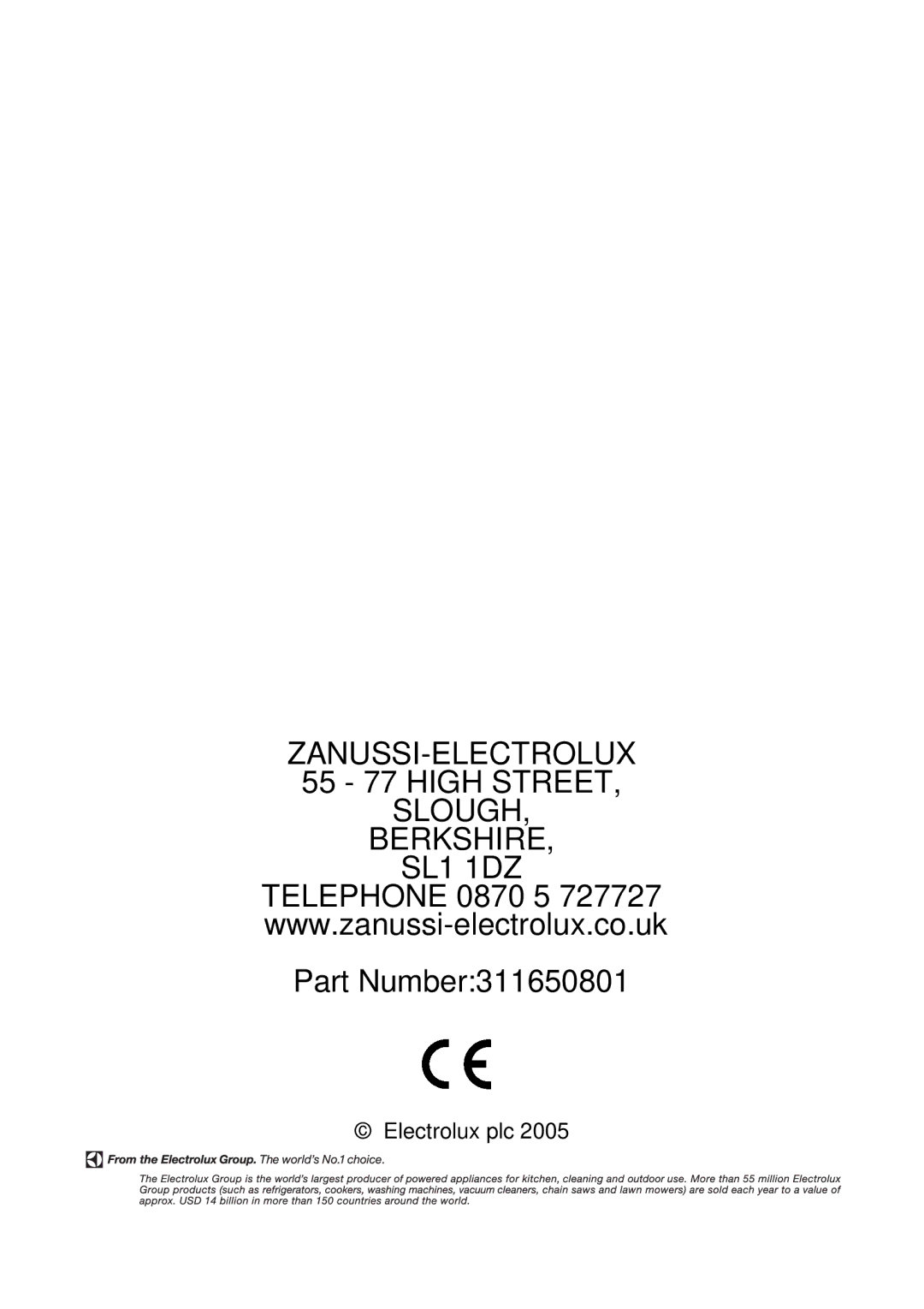 Electrolux ZCG 7902 manual Part Number311650801 