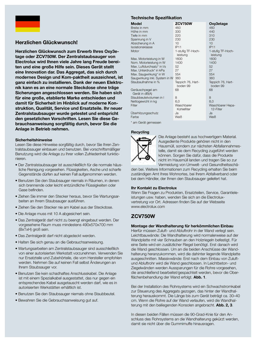 Electrolux ZCV750W manual Herzlichen Glückwunsch, Technische Spezifikation, Sicherheitshinweise, Ihr Kontakt zu Electrolux 