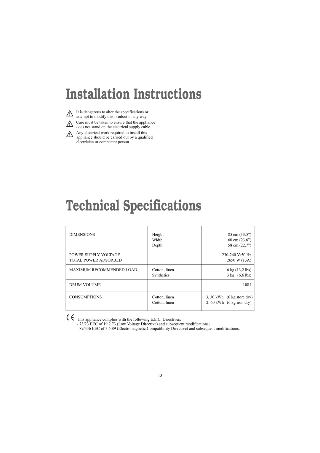 Electrolux ZDE26100W manual Installation Instructions, Technical Specifications 