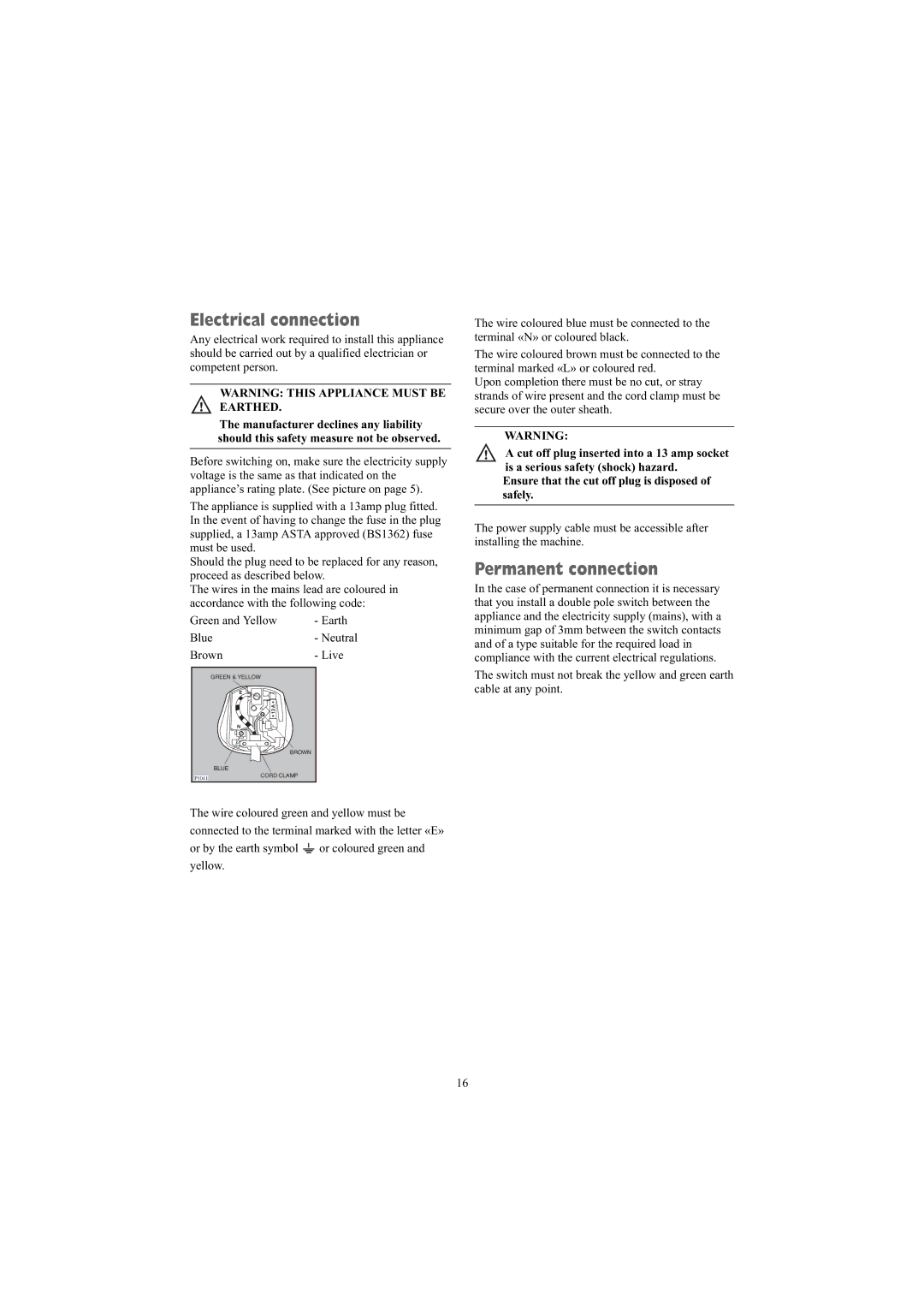 Electrolux ZDE26100W manual Electrical connection, Permanent connection 