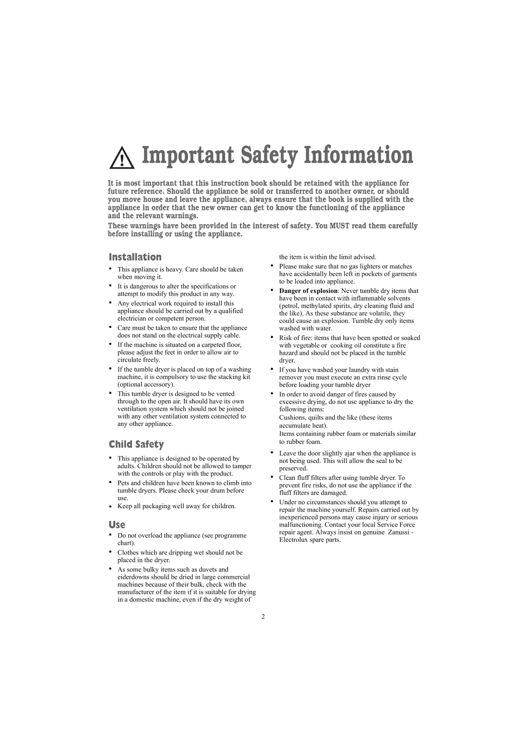 Electrolux ZDE26100W manual Installation, Child Safety, Use 