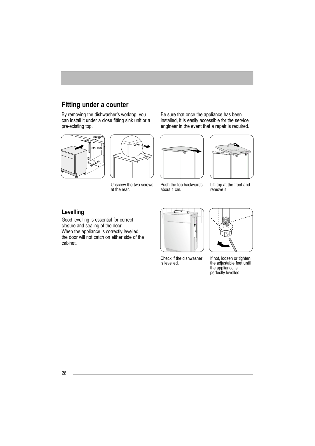 Electrolux ZDF 501 user manual Fitting under a counter, Levelling 