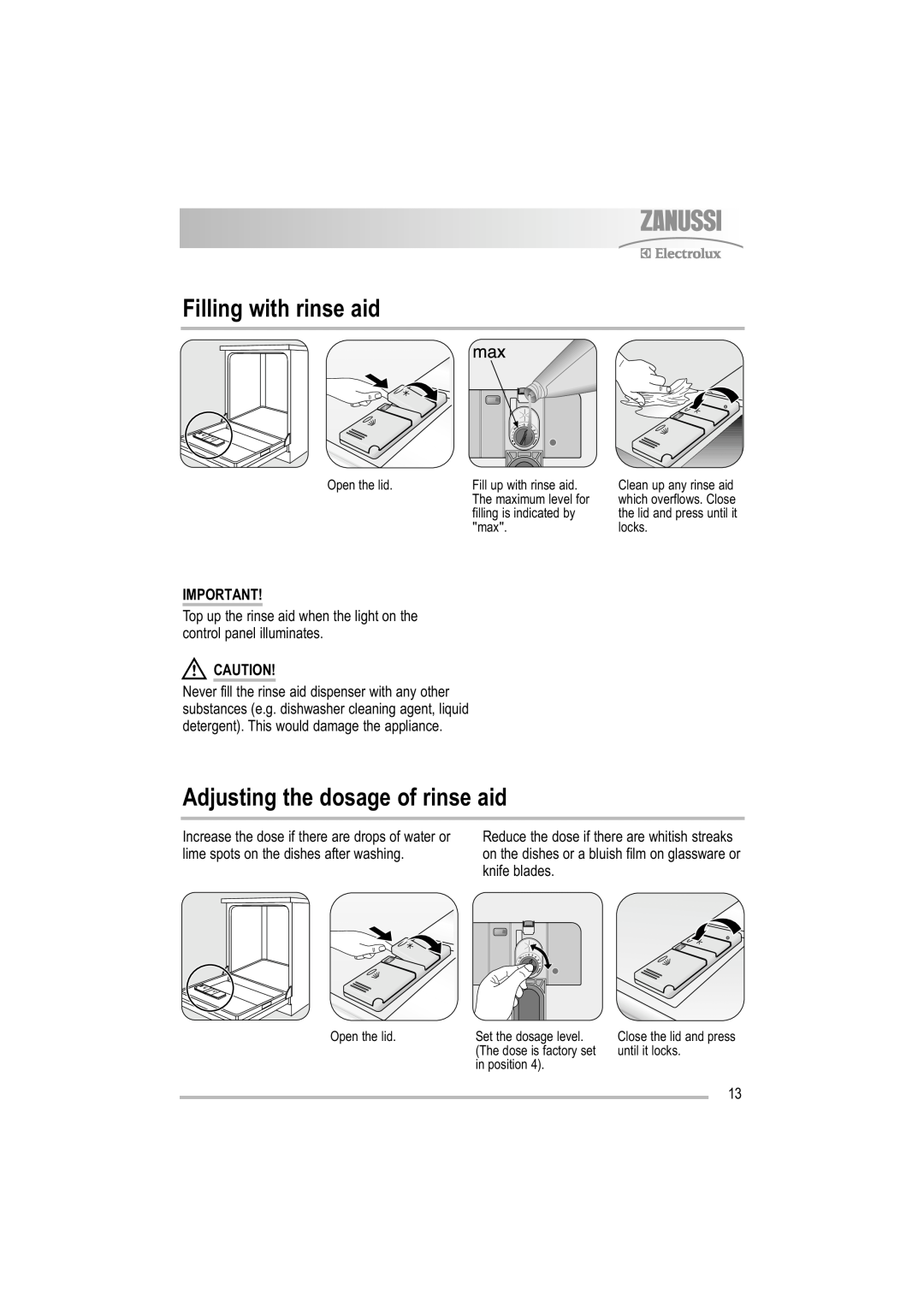 Electrolux ZDF 501 user manual Filling with rinse aid, Adjusting the dosage of rinse aid 