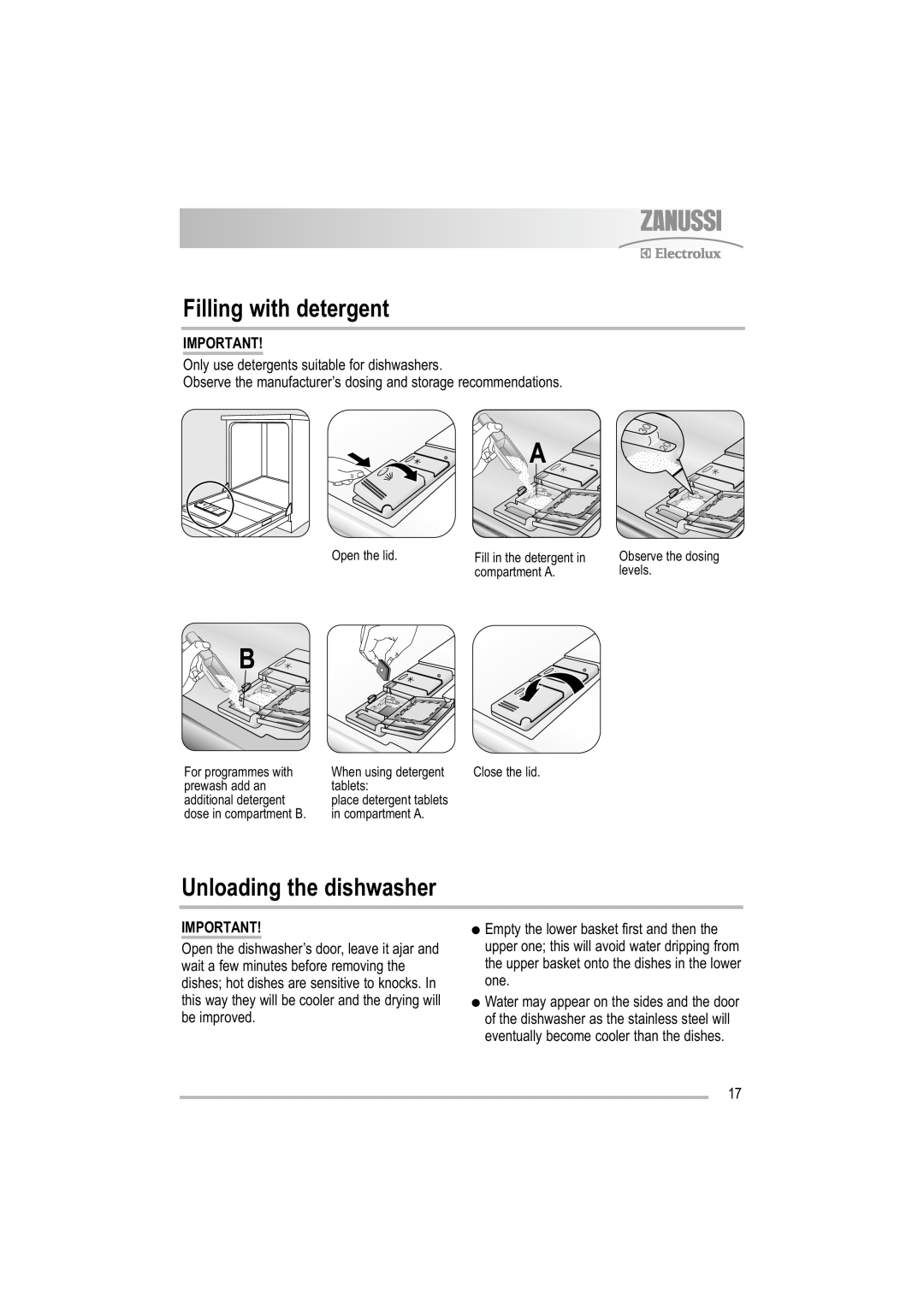 Electrolux ZDF 501 user manual Filling with detergent, Unloading the dishwasher 