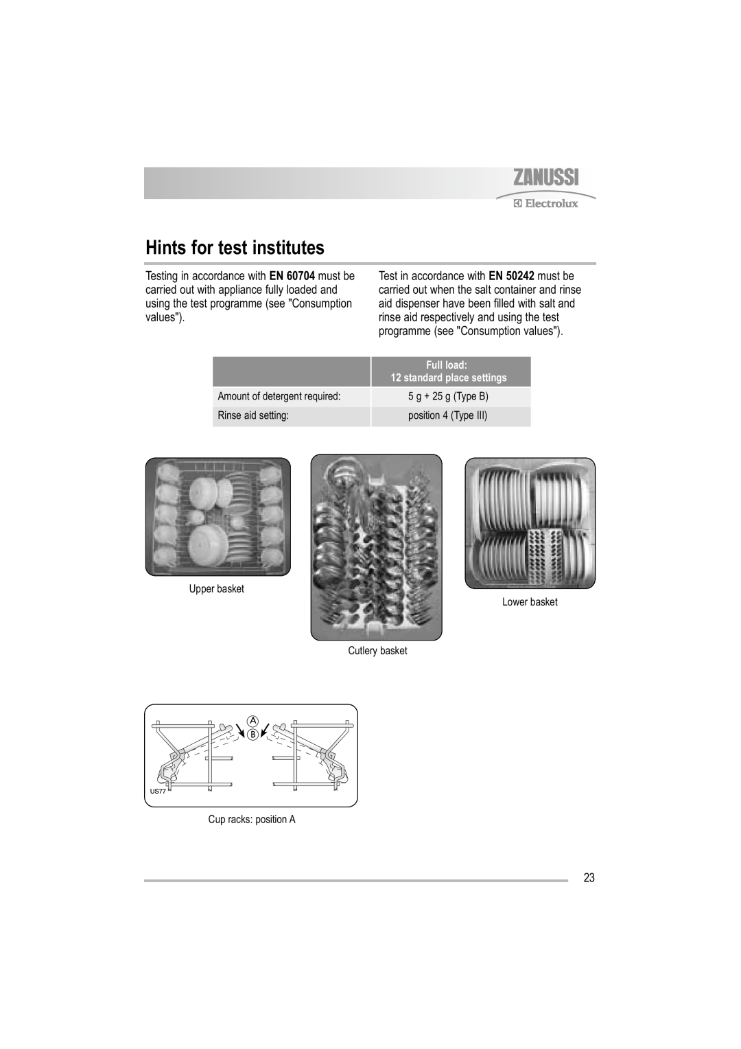 Electrolux ZDF 501 user manual Hints for test institutes, Full load, standard place settings 