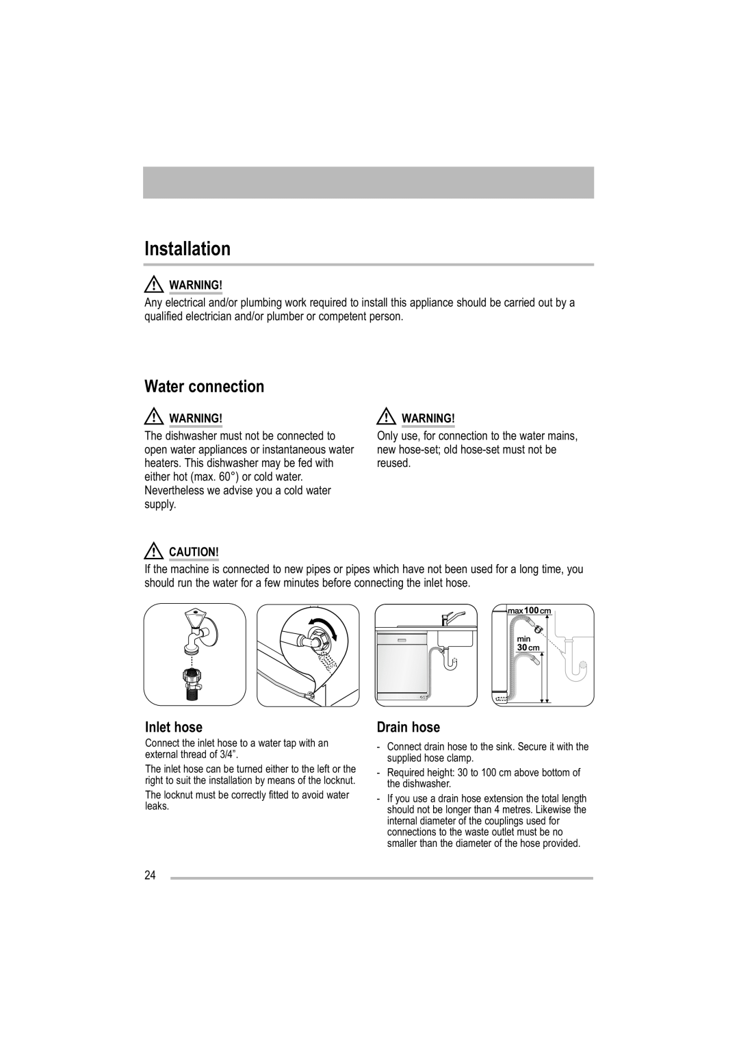 Electrolux ZDF 501 user manual Installation, Water connection, Inlet hose, Drain hose 