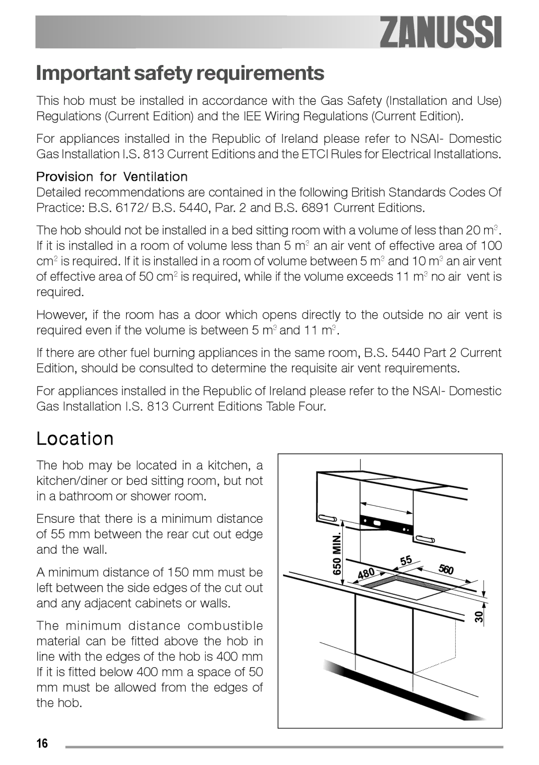 Electrolux ZGS 782 ICT, ZGS 782 IT manual Important safety requirements, Location 