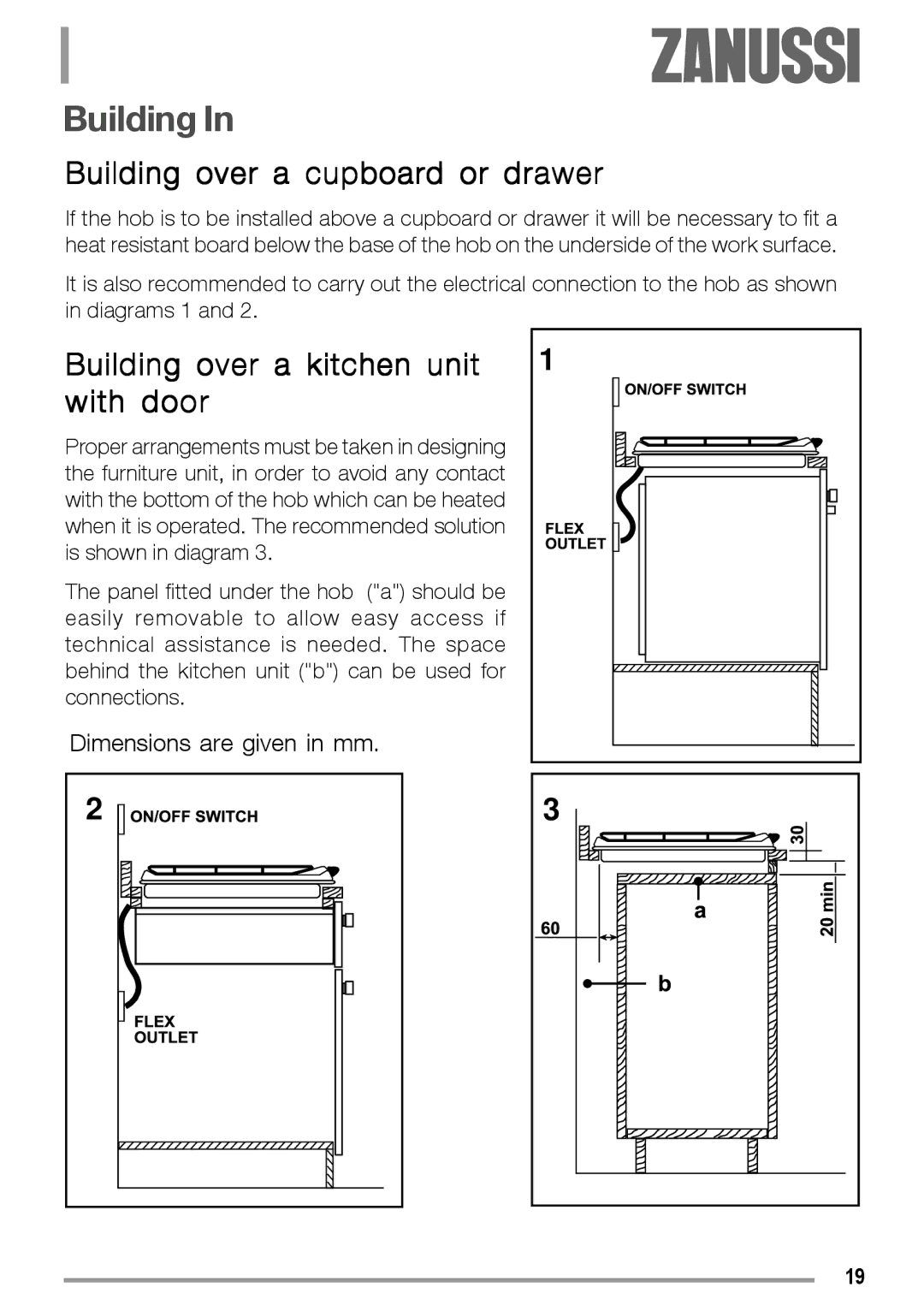 Electrolux ZGS 782 IT, ZGS 782 ICT manual Building over a cupboard or drawer, Building over a kitchen unit with door 