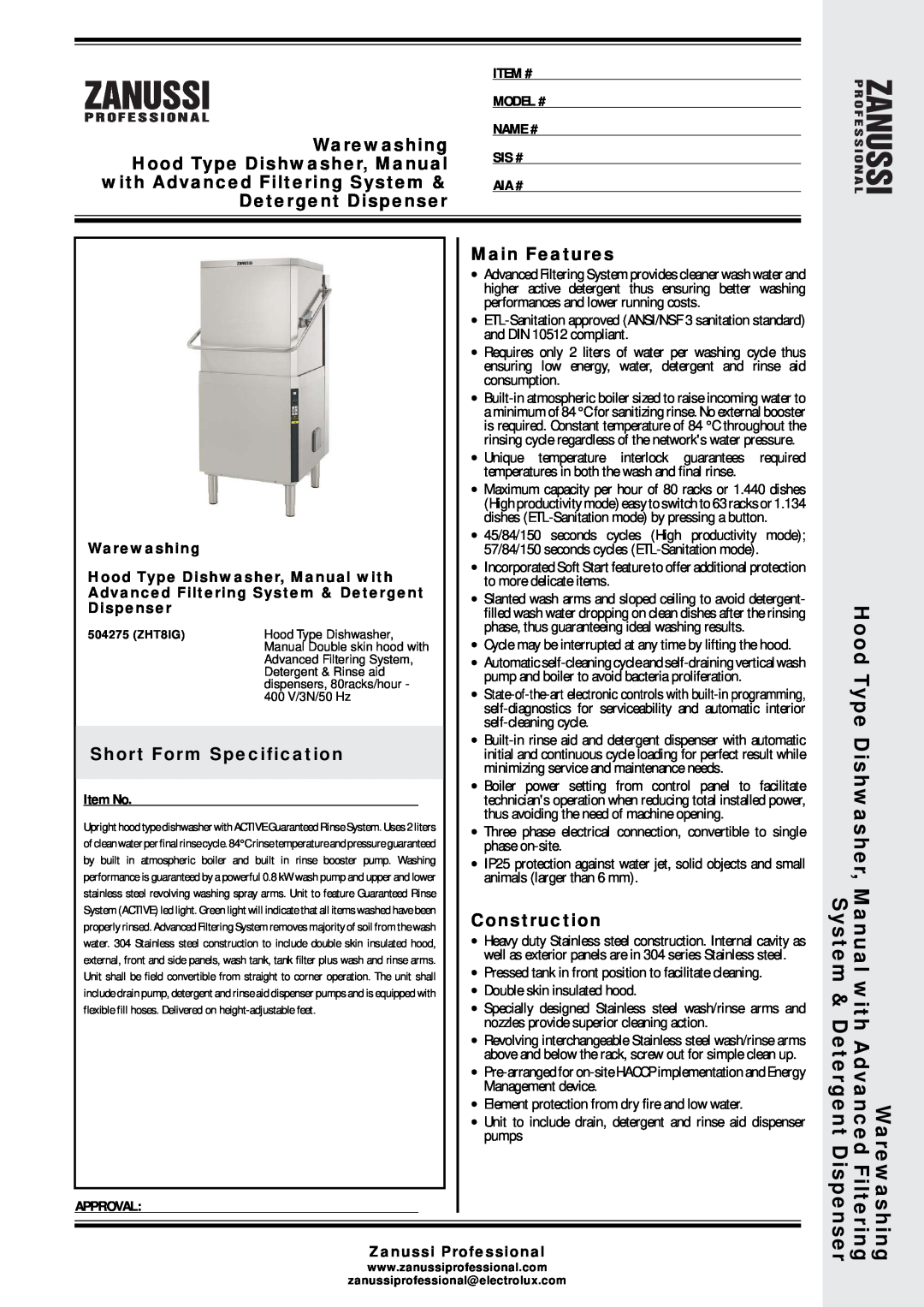Electrolux ZHT8IG manual Warewashing, Hood Type Dishwasher, Manual, with Advanced Filtering System, Detergent Dispenser 