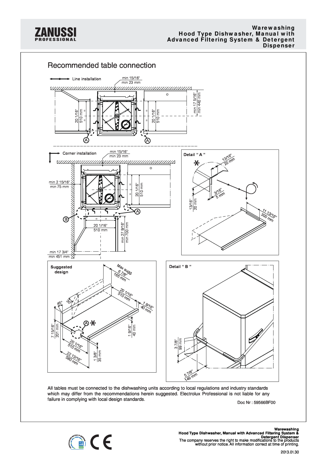 Electrolux ZHT8IG manual Recommended table connection, Warewashing Hood Type Dishwasher, Manual with, 7/8”, 1/16”, 13/16” 