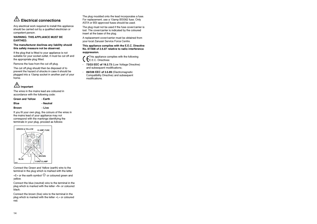 Electrolux ZI9235 manual Electrical connections, Green and Yellow Earth Blue- Neutral Brown- Live 