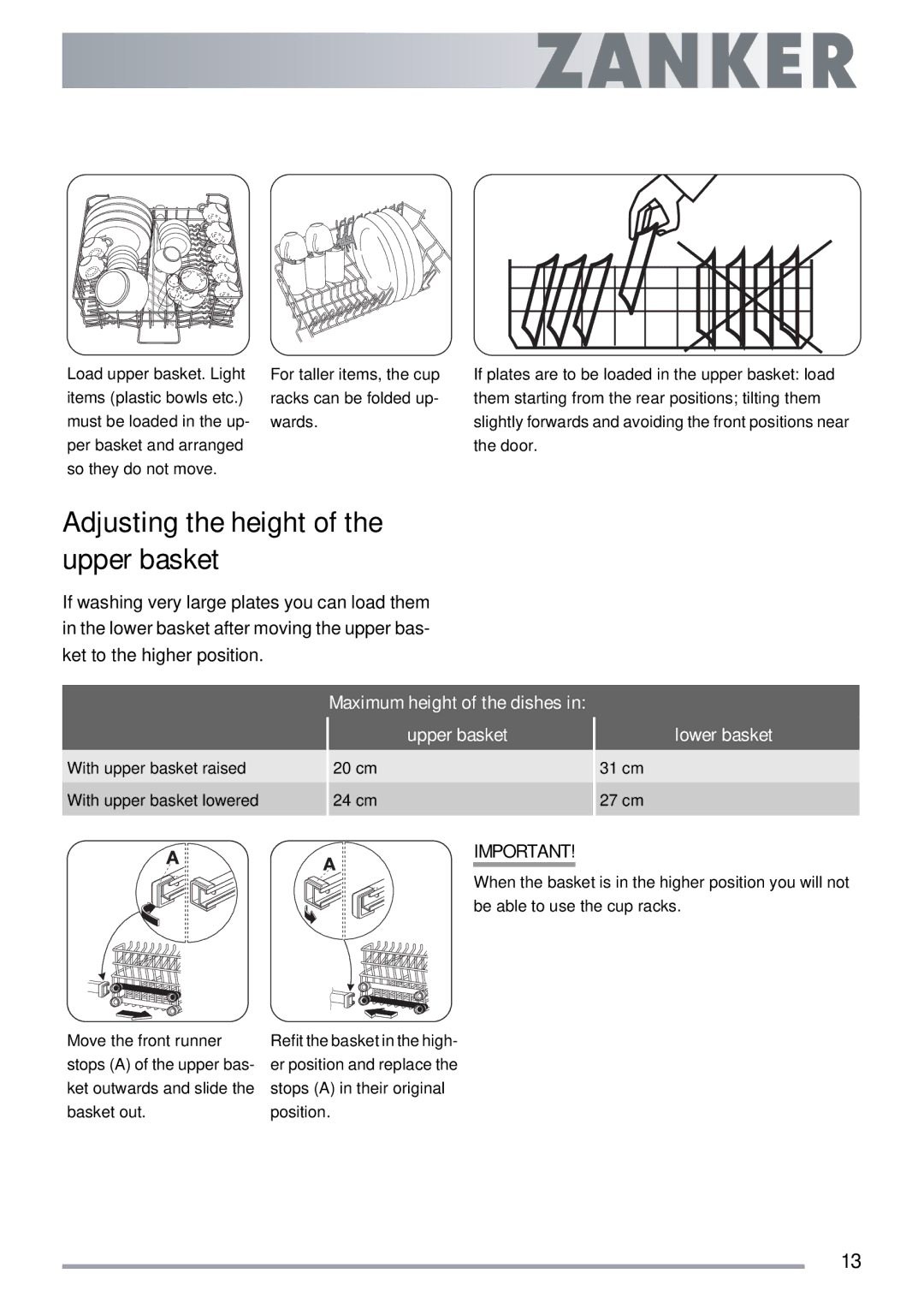 Electrolux ZKI1410 Adjusting the height of the upper basket, Maximum height of the dishes, Upper basket, Lower basket 