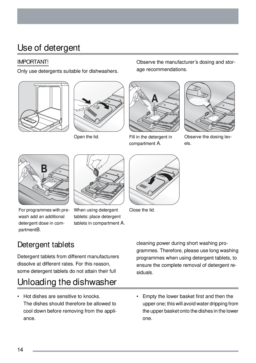 Electrolux ZKI1410 user manual Use of detergent, Unloading the dishwasher, Detergent tablets 